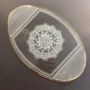 Vtg Glass Oval Serving Vanity Tray Chance Bros Filigree Lace Gilded Gold Bent